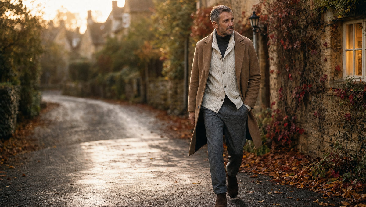 Man walking down a Cotswold village lane in autumn wearing a camel overcoat and cream shawl collar cardigan