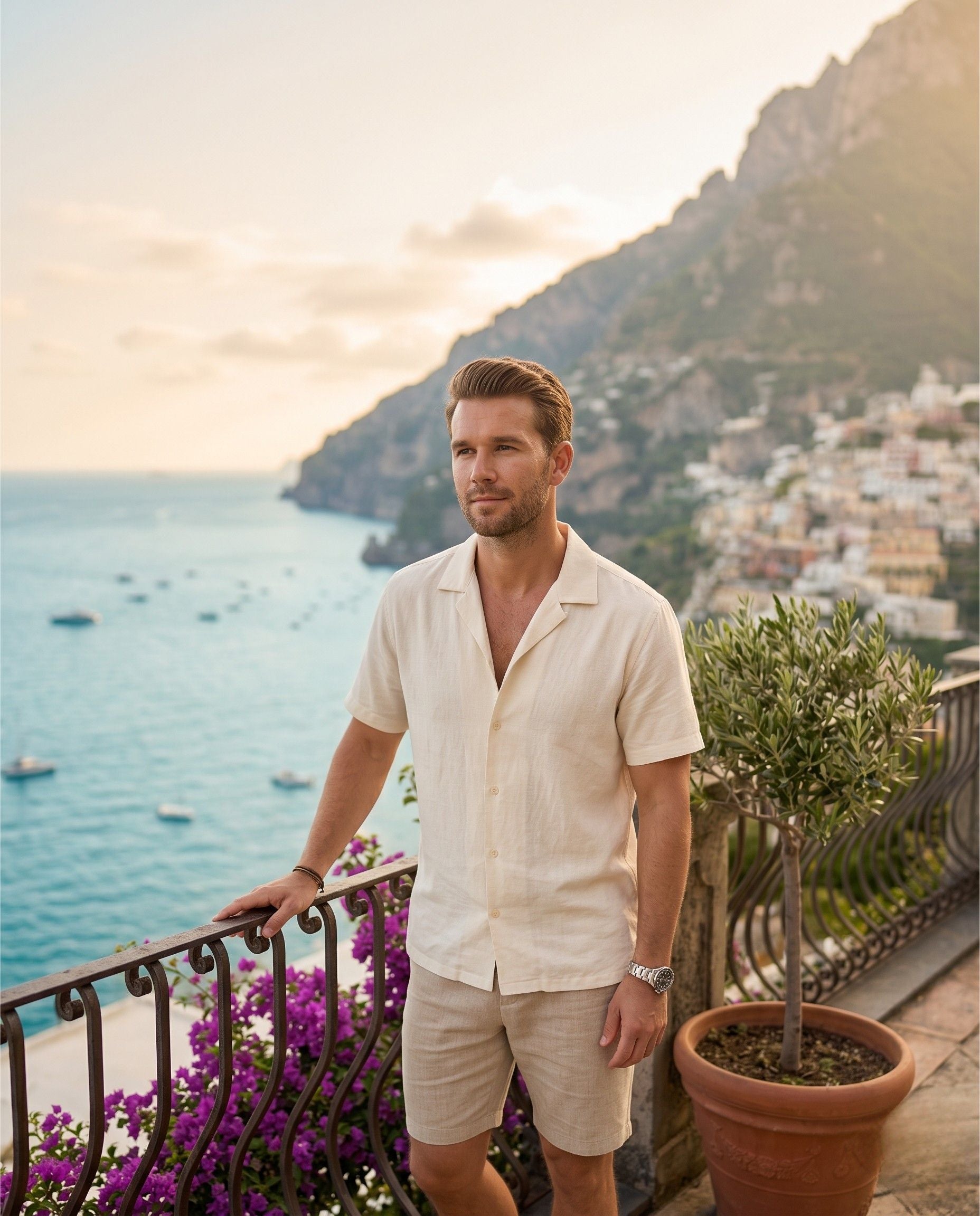 Veytoris summer collection, model on a coastal terrace
