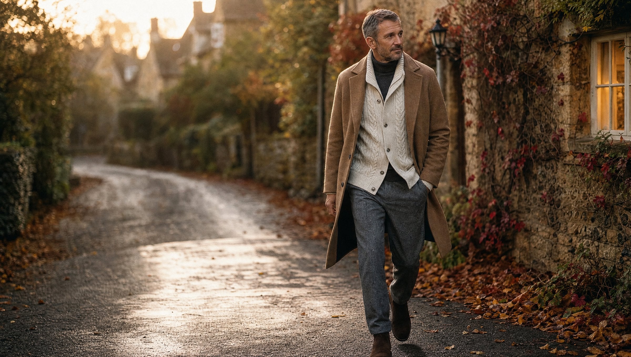 Man walking down a Cotswold village lane in autumn wearing a camel overcoat and cream shawl collar cardigan