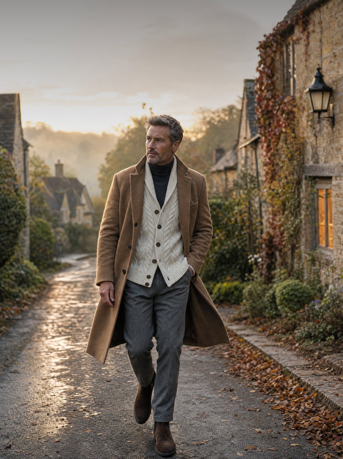 Man walking down a Cotswold village lane in autumn wearing a camel overcoat and cream shawl collar cardigan